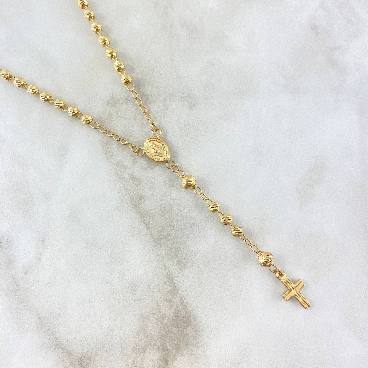 Rosario Virgen Milagrosa 6.1gr / 45cm / 4-3mm Cruz Latina Bolas Diamantadas Oro Amarillo