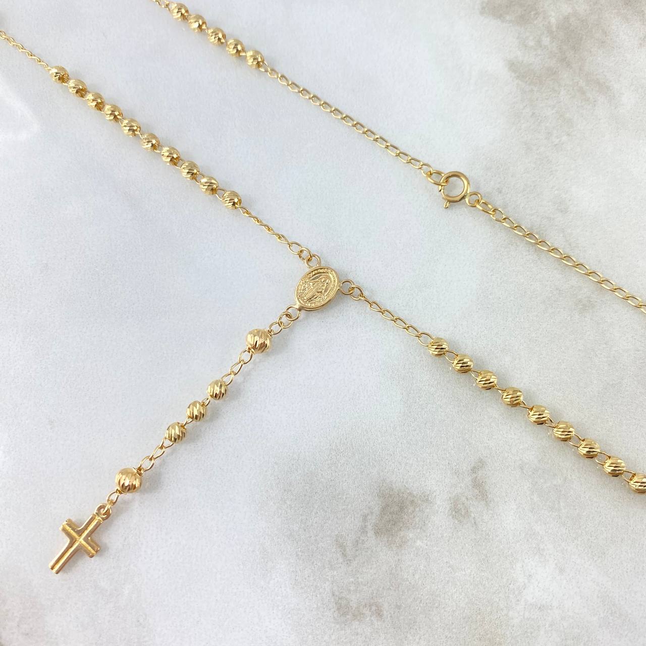 Rosario Virgen Milagrosa 6.1gr / 45cm / 4-3mm Cruz Latina Bolas Diamantadas Oro Amarillo