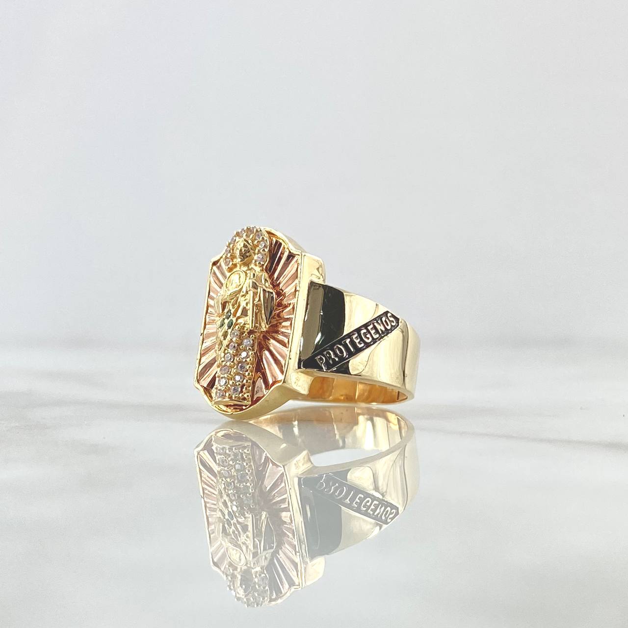Anillo Diamantado San Judas 8.8gr / T10 1/4 / Circones Blancos y Verdes Oro Amarillo 18K *