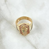 Anillo Diamantado San Judas 8.8gr / T10 1/4 / Circones Blancos y Verdes Oro Amarillo 18K *