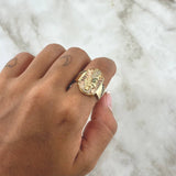 Anillo Diamantado San Judas 8.8gr / T10 1/4 / Circones Blancos y Verdes Oro Amarillo 18K *