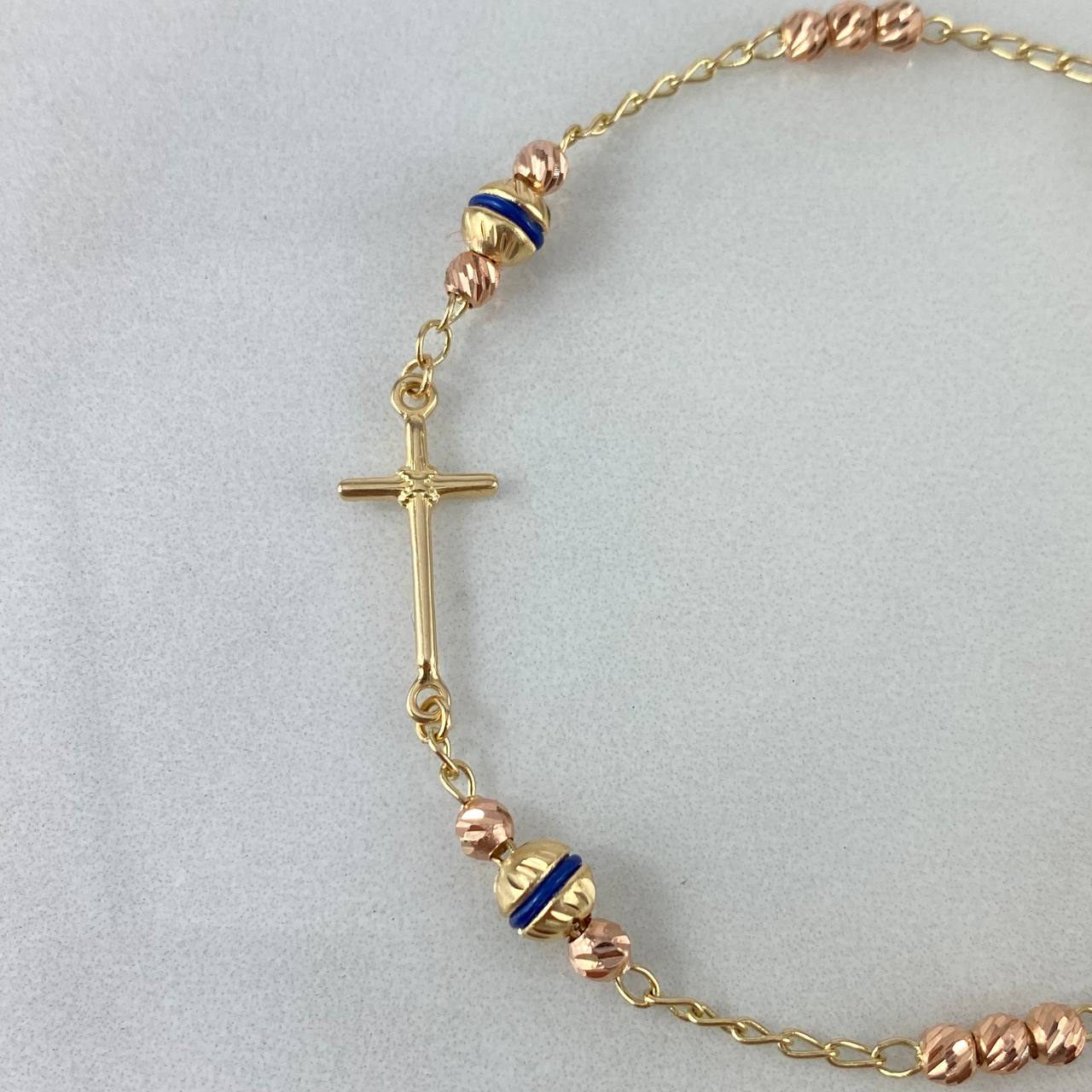 Pulso Cruz 3gr / 17.5cm / 3-5mm Bolas Diamantadas Cauchos Azules Dos Oros Amarillo Rosa*