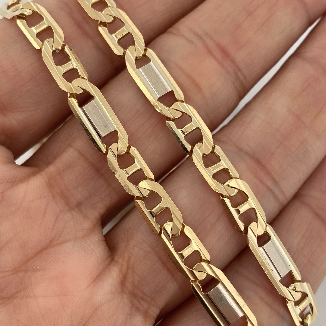 Cadena Figaro Plana 34.3 g / 63 cm / 5 mm Dos Oros Amarillo Blanco 18K