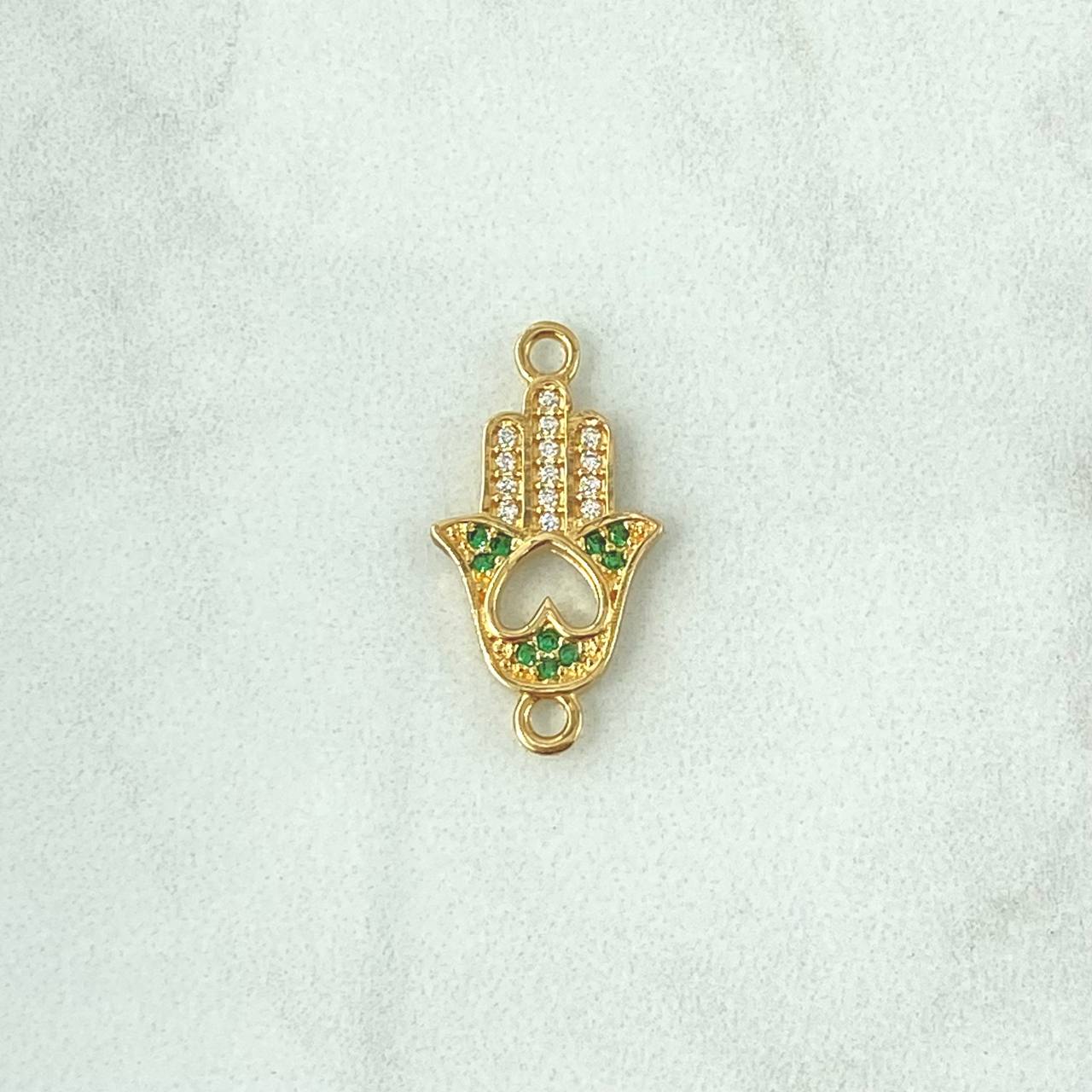 Herraje Mano Hamsa 1.3gr / 2cm / Corazón Invertido - Circones Blancos Y Verdes Oro Amarillo 18K *