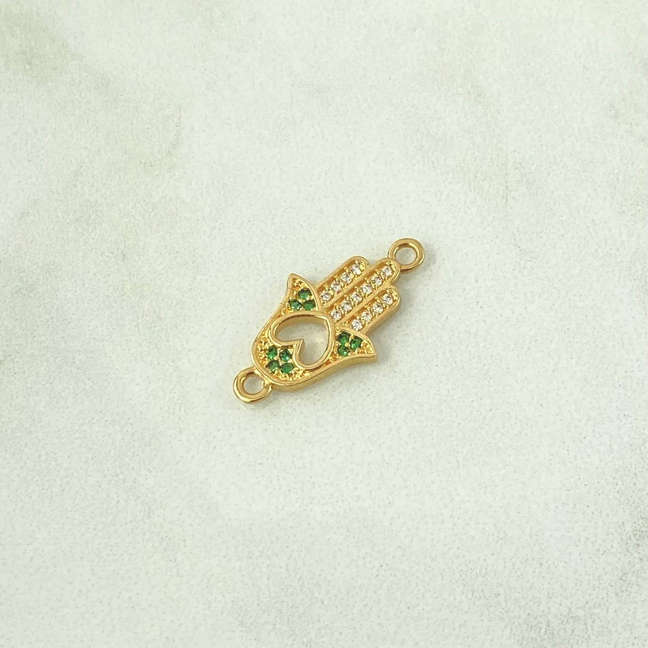 Herraje Mano Hamsa 1.3gr / 2cm / Corazón Invertido - Circones Blancos Y Verdes Oro Amarillo 18K *