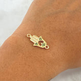 Herraje Mano Hamsa 1.3gr / 2cm / Corazón Invertido - Circones Blancos Y Verdes Oro Amarillo 18K *
