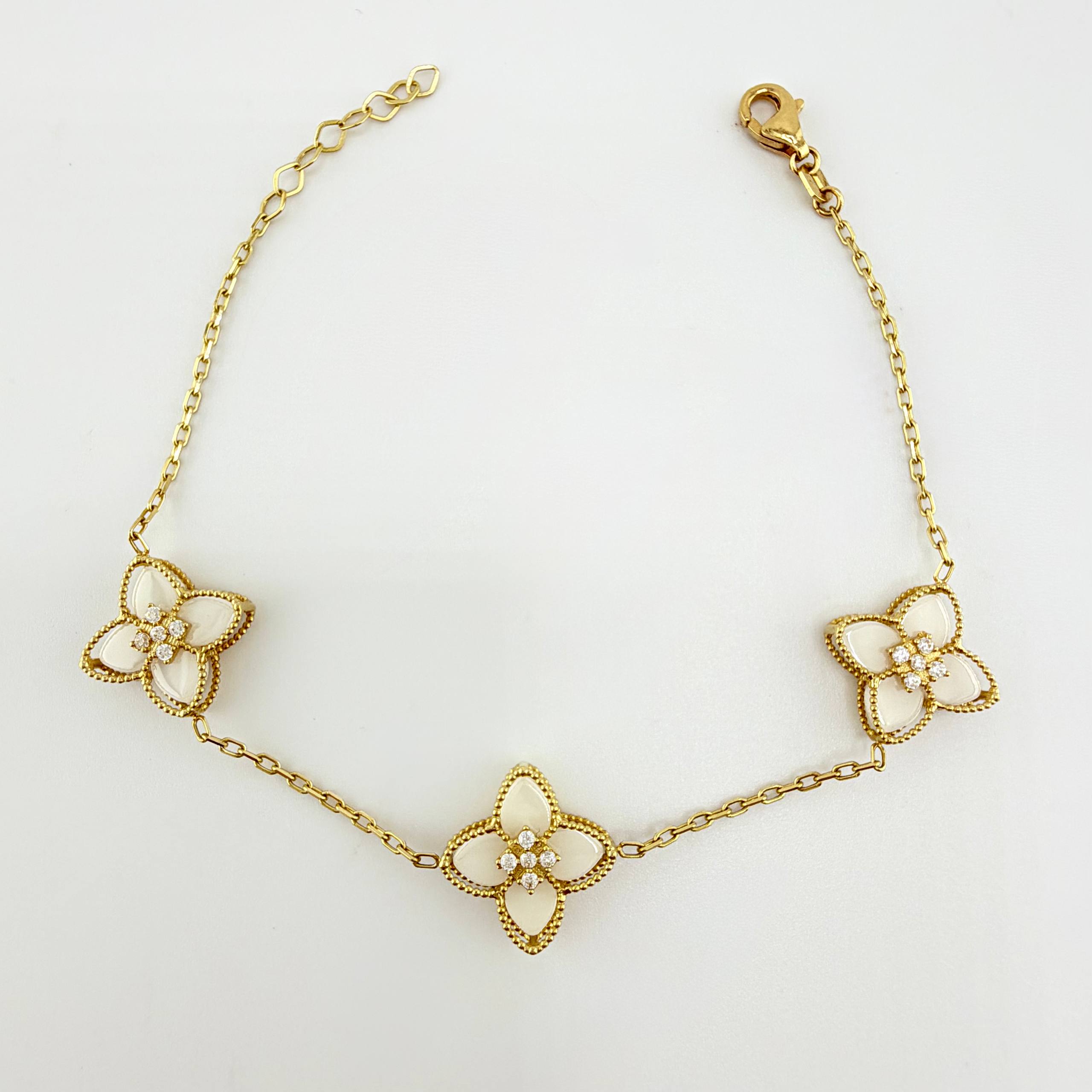 Pulso Aro Seguido Flor Real Nacar Blanco 5.95gr / 18cm-19cm / 14mm Oro Amarillo 18K