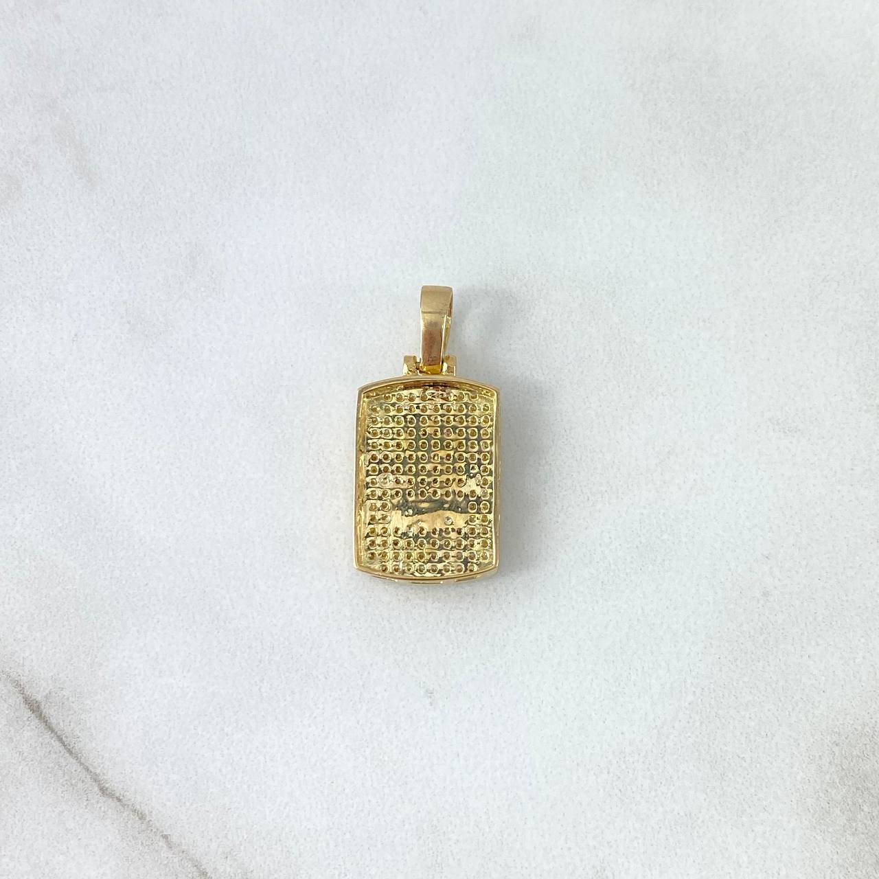 Dije Placa Corona RX 4.95gr / 2.8cm / Rectangulo Basteado Circones Blancos Oro Amarillo