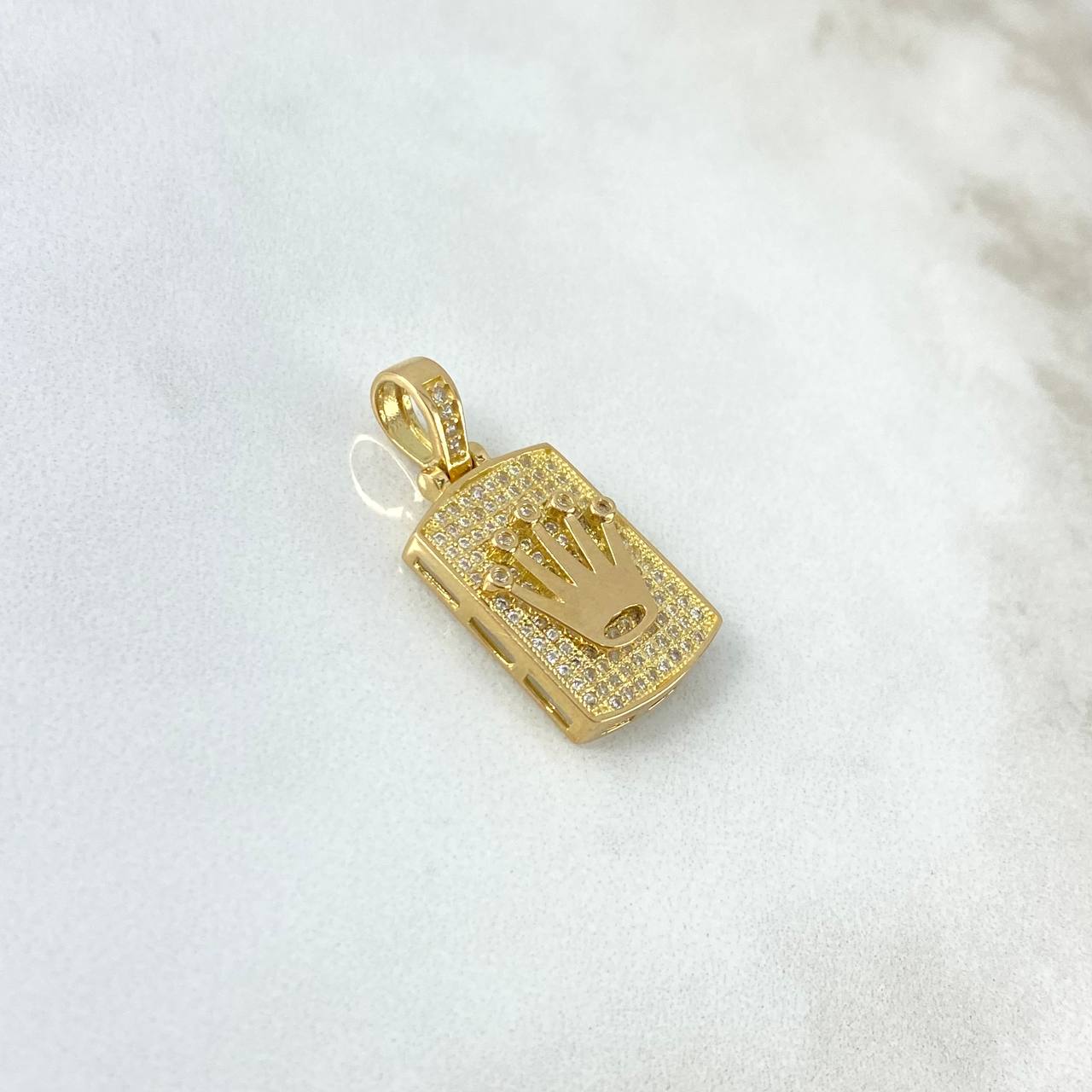 Dije Placa Corona RX 4.95gr / 2.8cm / Rectangulo Basteado Circones Blancos Oro Amarillo