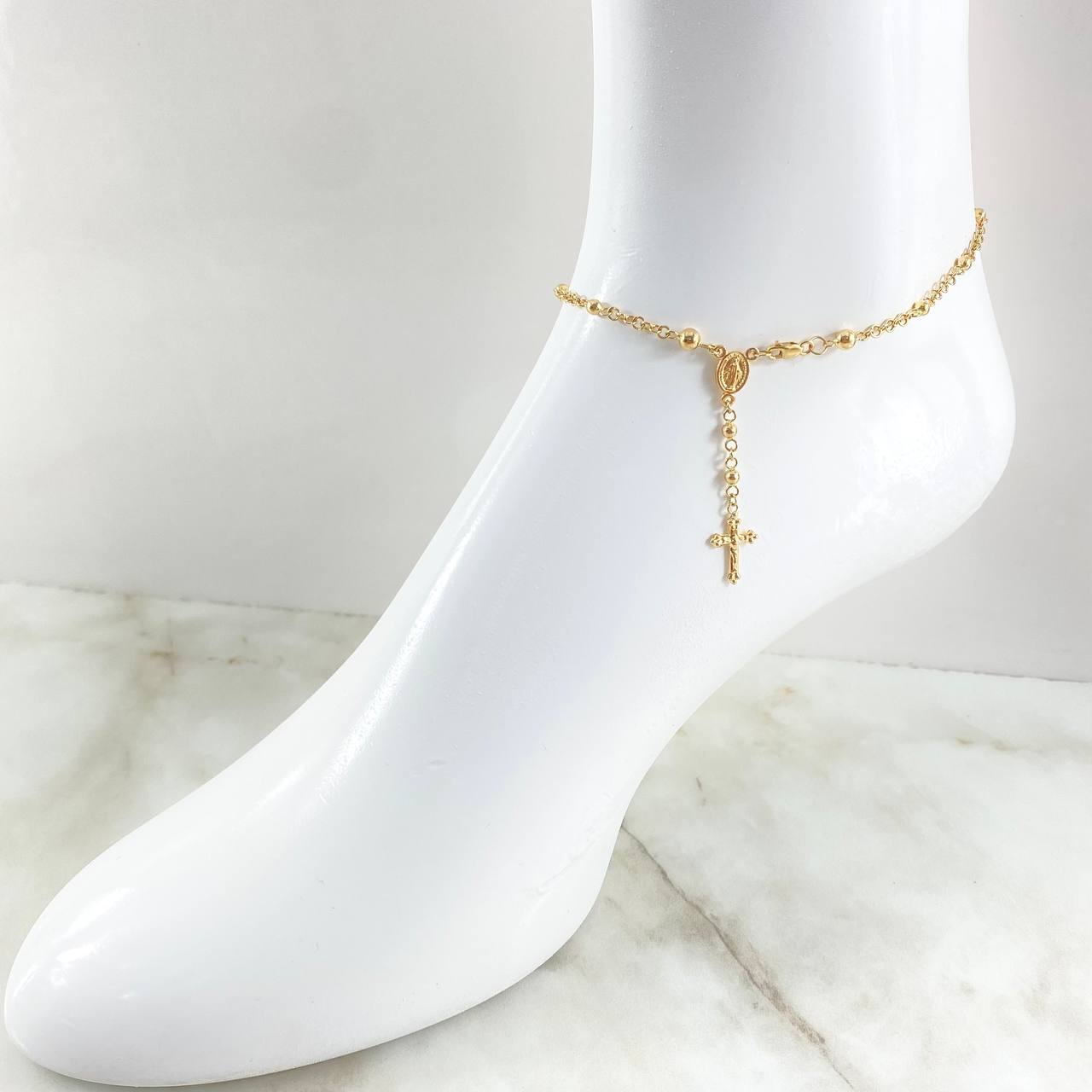 Tobillera Denario Virgen Milagrosa Crúz 4.35gr / 24.5cm / Oro 18K
