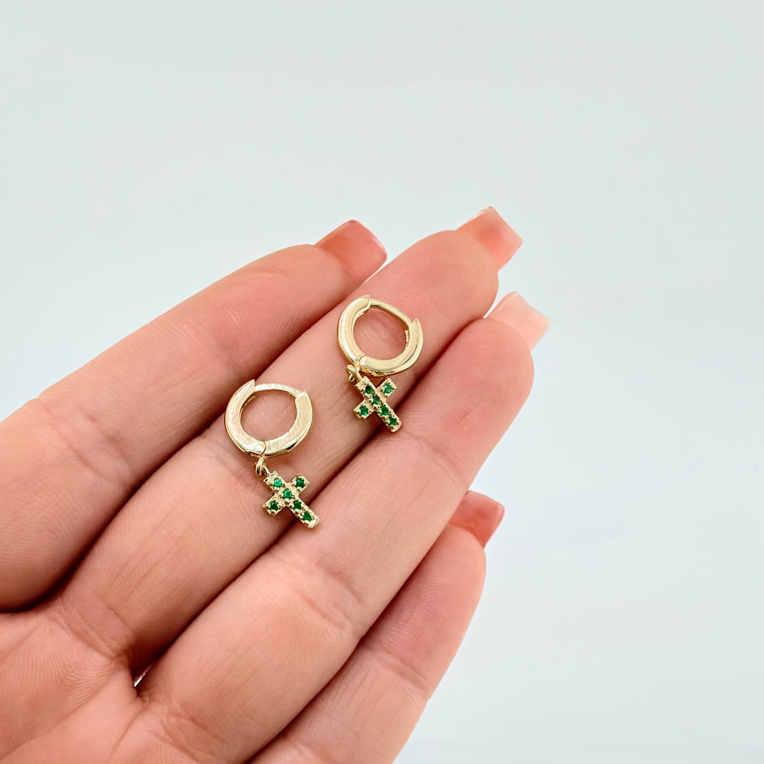 Candongas Cruz Colgante Esmeraldas 19pts 2.6gr / 2.1cm / Oro Amarillo 18K *