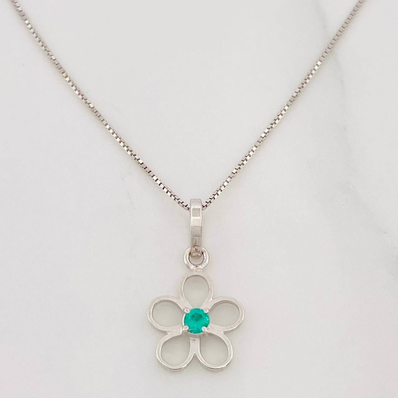 Set Cadena Veneciana + Dije Flor Esmeralda 4pts / 1.45g / 45cm Oro Blanco 18K