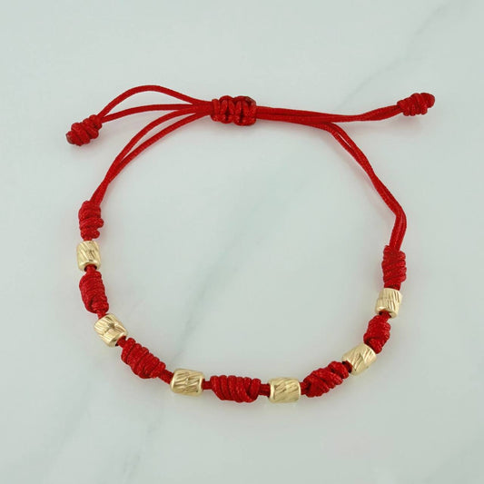 Pulsera Tejida Roja Cilindros Diamantados 0.7gr / 4mm Oro Amarillo 18K