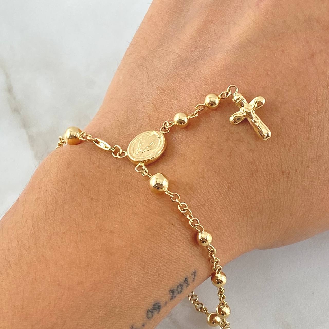 Pulso Denario Virgen Milagrosa Cruz 4.3gr / 19cm / Oro 18K