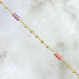 Tobillera Rustica Militar 3.95gr / 24.5cm / 3mm Cauchos De Colores Lilas Bolas Diamantadas Oro Amarillo ©