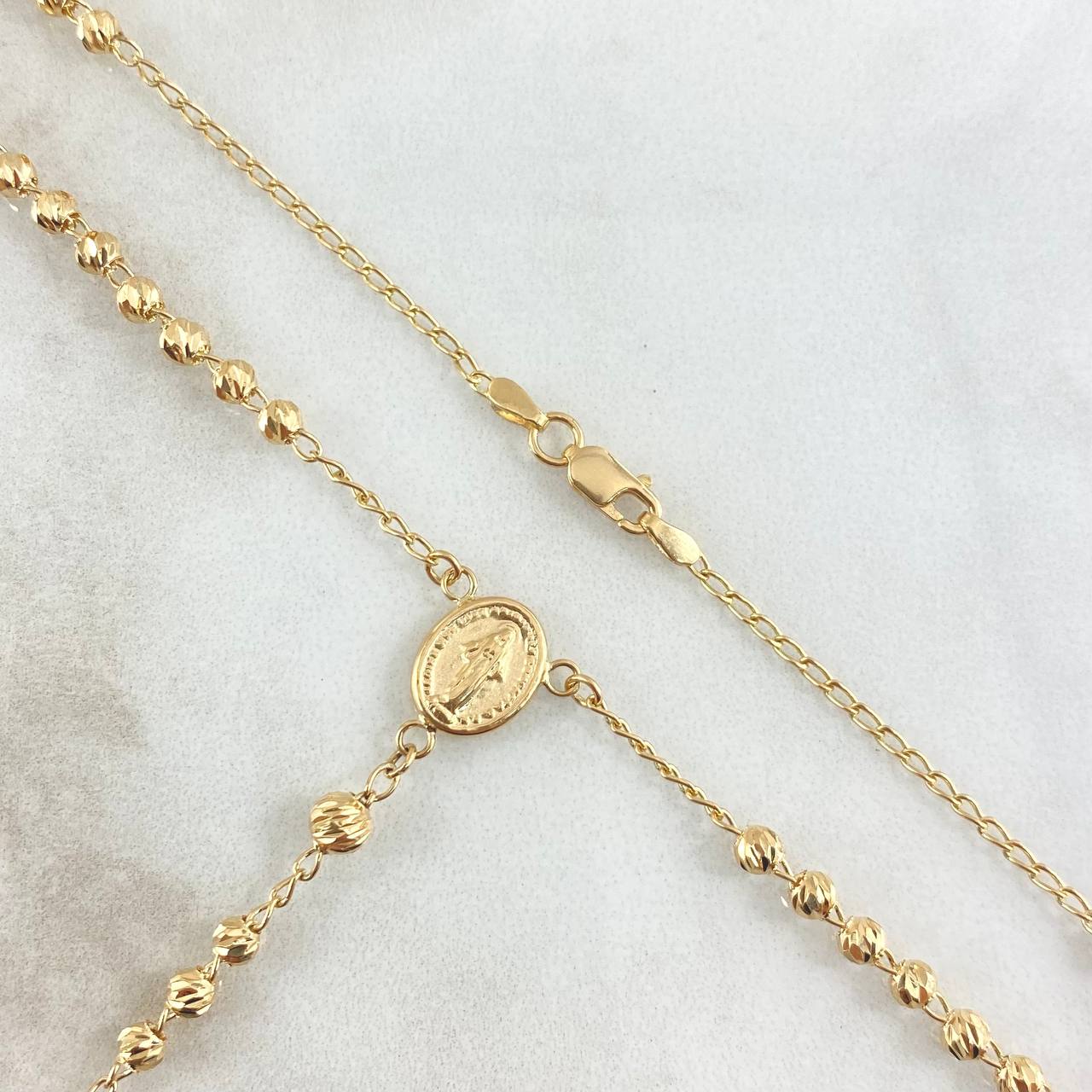 Rosario Virgen Milagrosa 7.85gr / 50cm / 3mm-4mm Bolas Diamantadas Crúz Lisa Oro Amarillo 18K