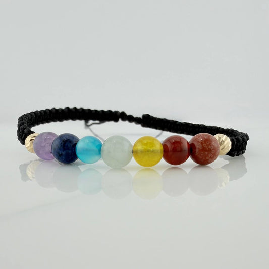 Pulsera Tejida Negra 7 Chakras Bolas Diamantas 2Uni Oro Amarillo 18K