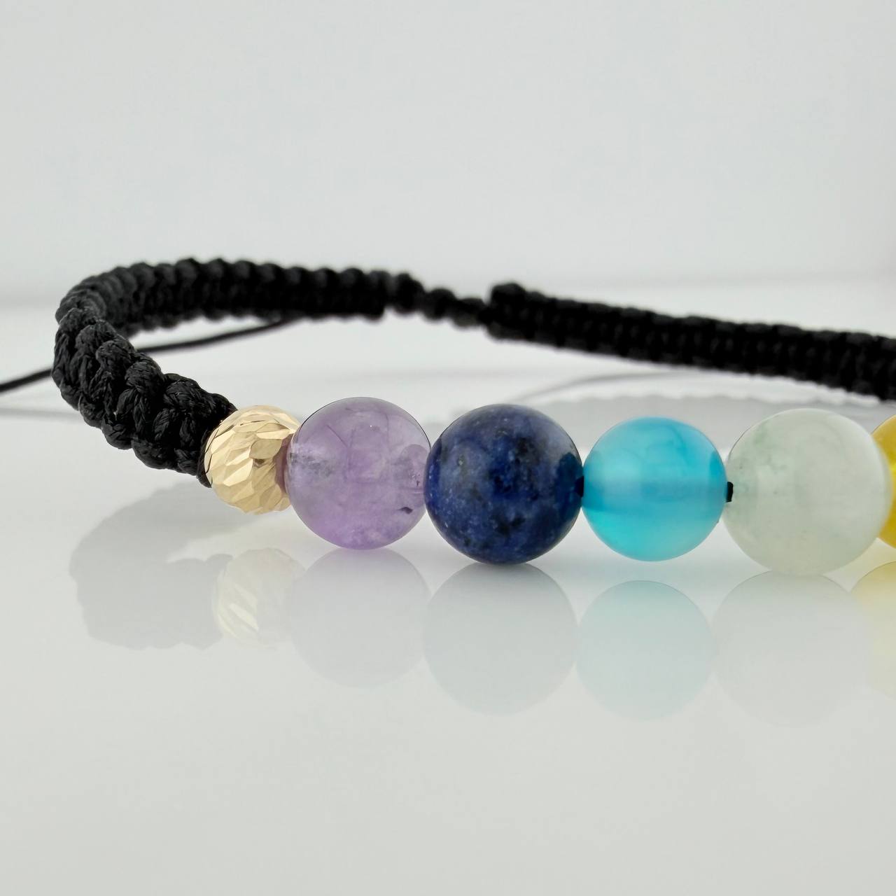 Pulsera Tejida Negra 7 Chakras Bolas Diamantas 2Uni Oro Amarillo 18K