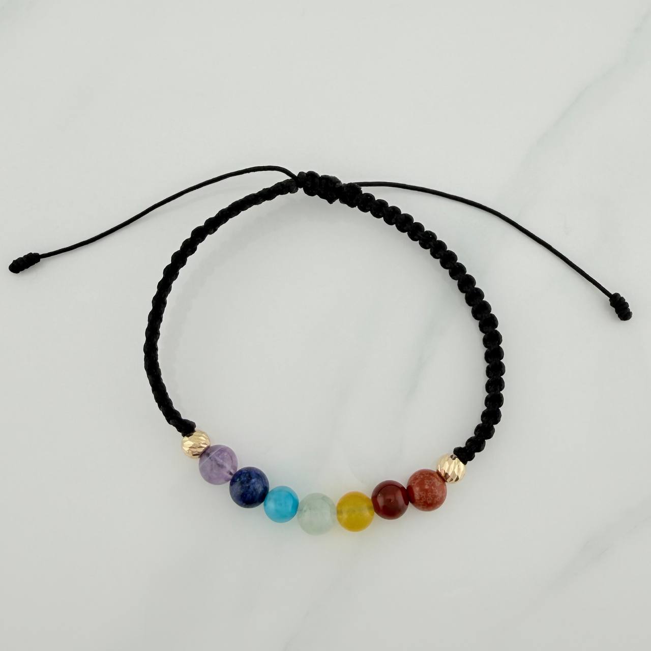 Pulsera Tejida Negra 7 Chakras Bolas Diamantas 2Uni Oro Amarillo 18K