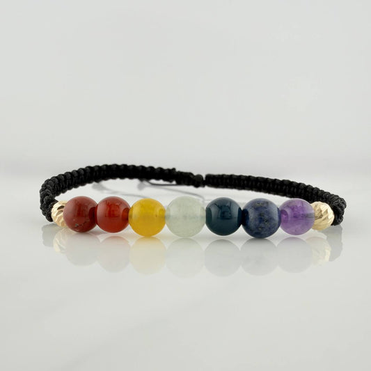 Pulsera Tejida Negra 7Chakras Bolas Diamantas 2Uni Oro Amarillo 18K