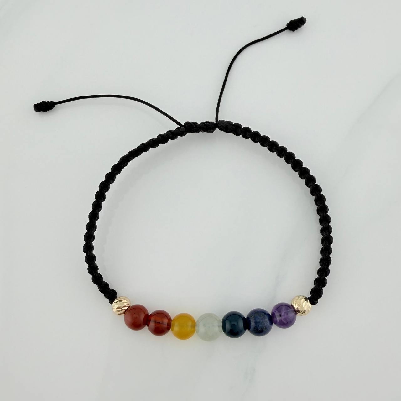 Pulsera Tejida Negra 7Chakras Bolas Diamantas 2Uni Oro Amarillo 18K