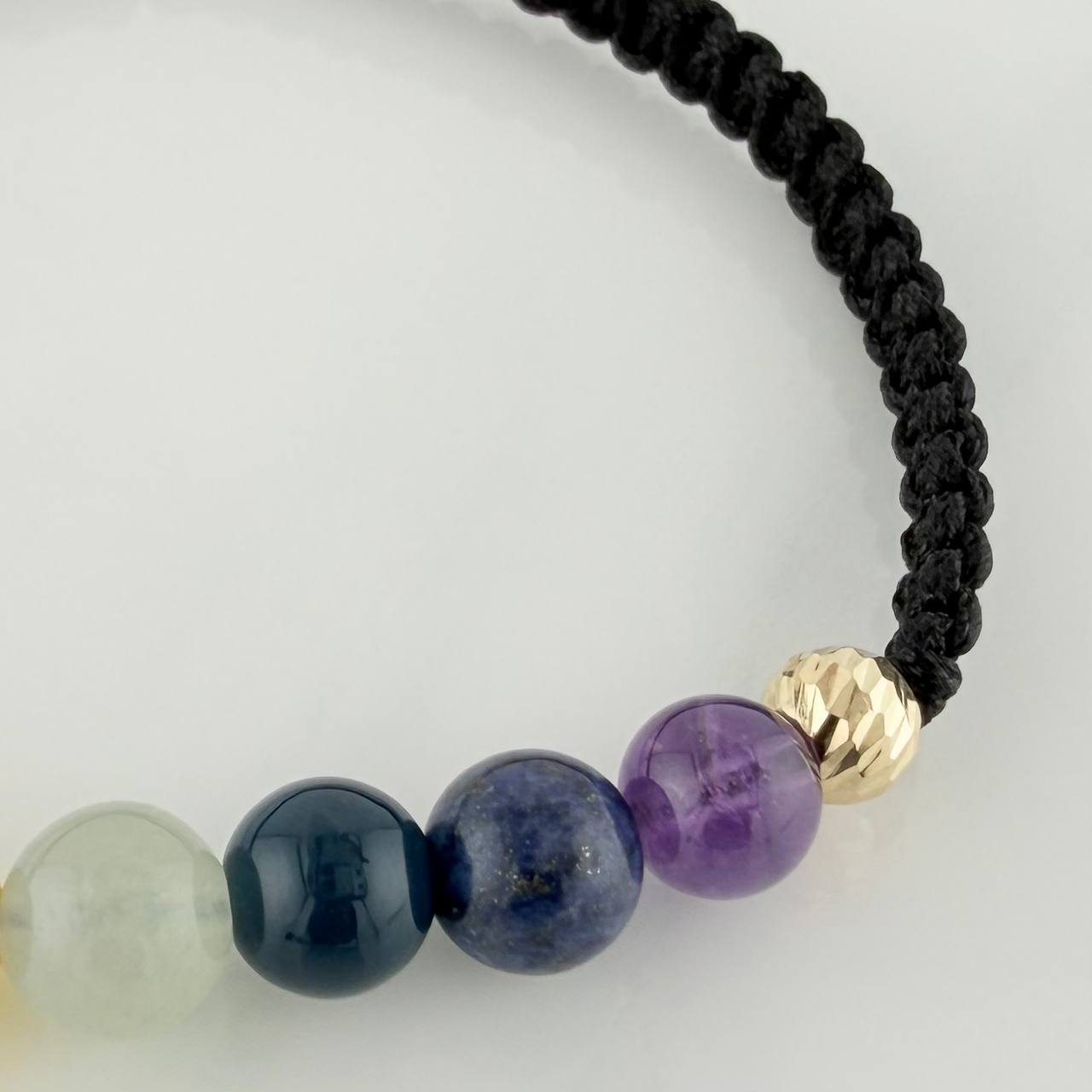 Pulsera Tejida Negra 7Chakras Bolas Diamantas 2Uni Oro Amarillo 18K