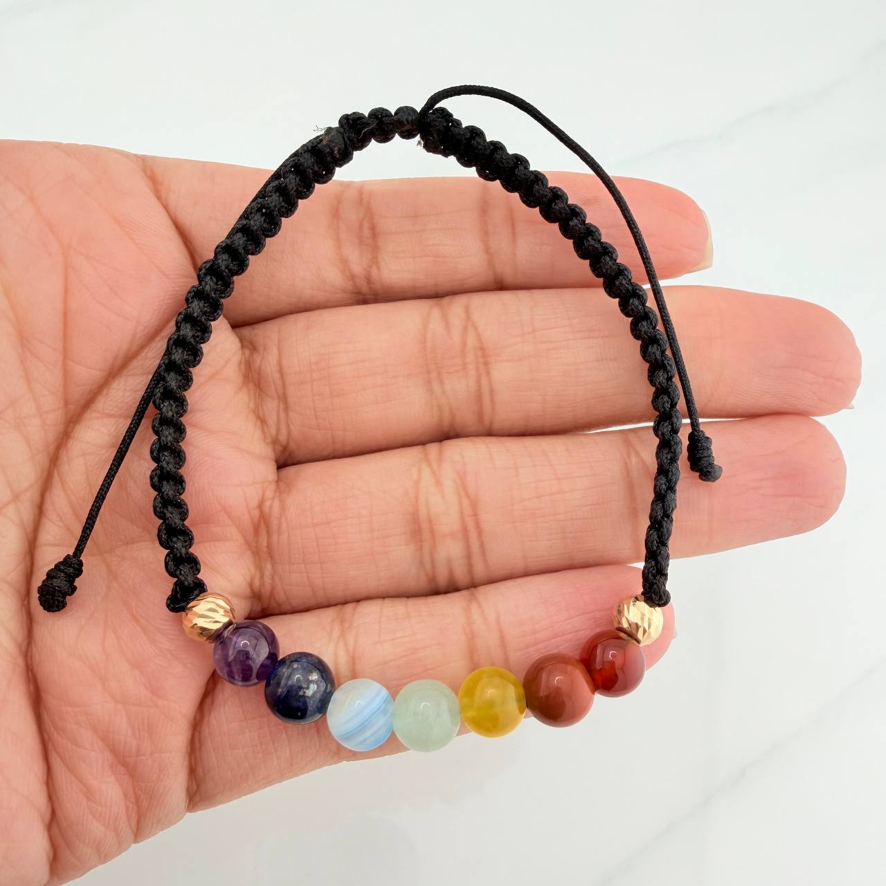 Pulsera Tejida Negra 7 Chakras Oro Amarillo 18K