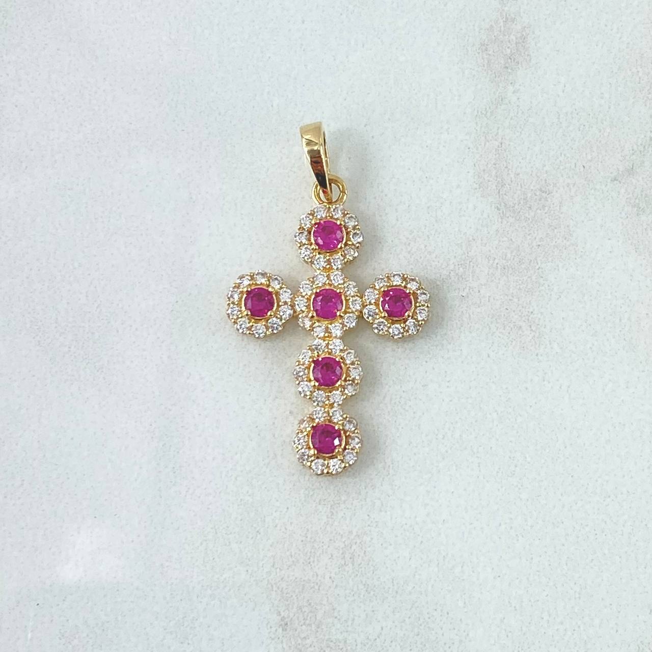 Dije Cruz Tupida 3.6gr / 3.4cm / Circones Blancos Y Fucsia Oro Amarillo 18K *