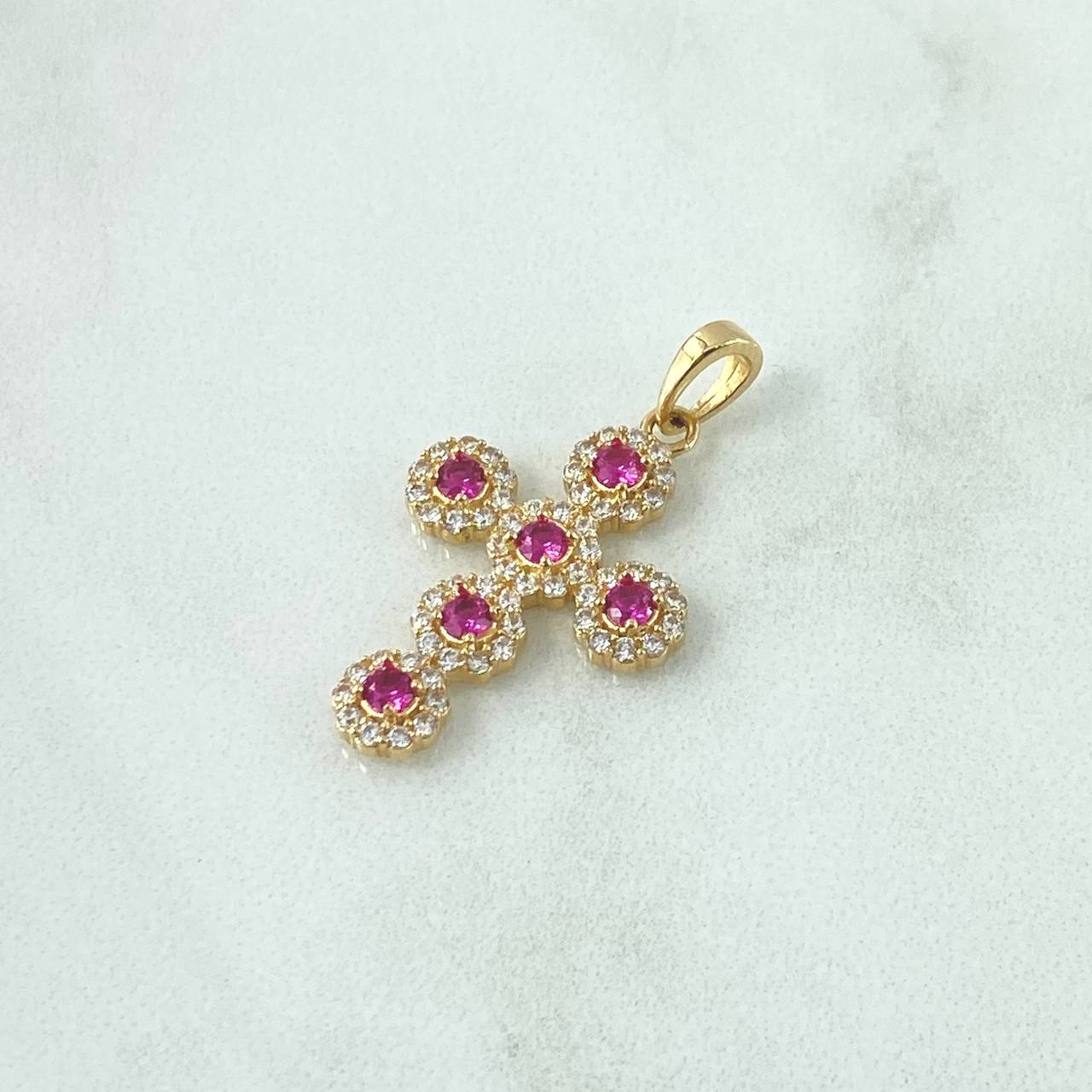 Dije Cruz Tupida 3.6gr / 3.4cm / Circones Blancos Y Fucsia Oro Amarillo 18K *