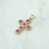 Dije Cruz Tupida 3.6gr / 3.4cm / Circones Blancos Y Fucsia Oro Amarillo 18K *