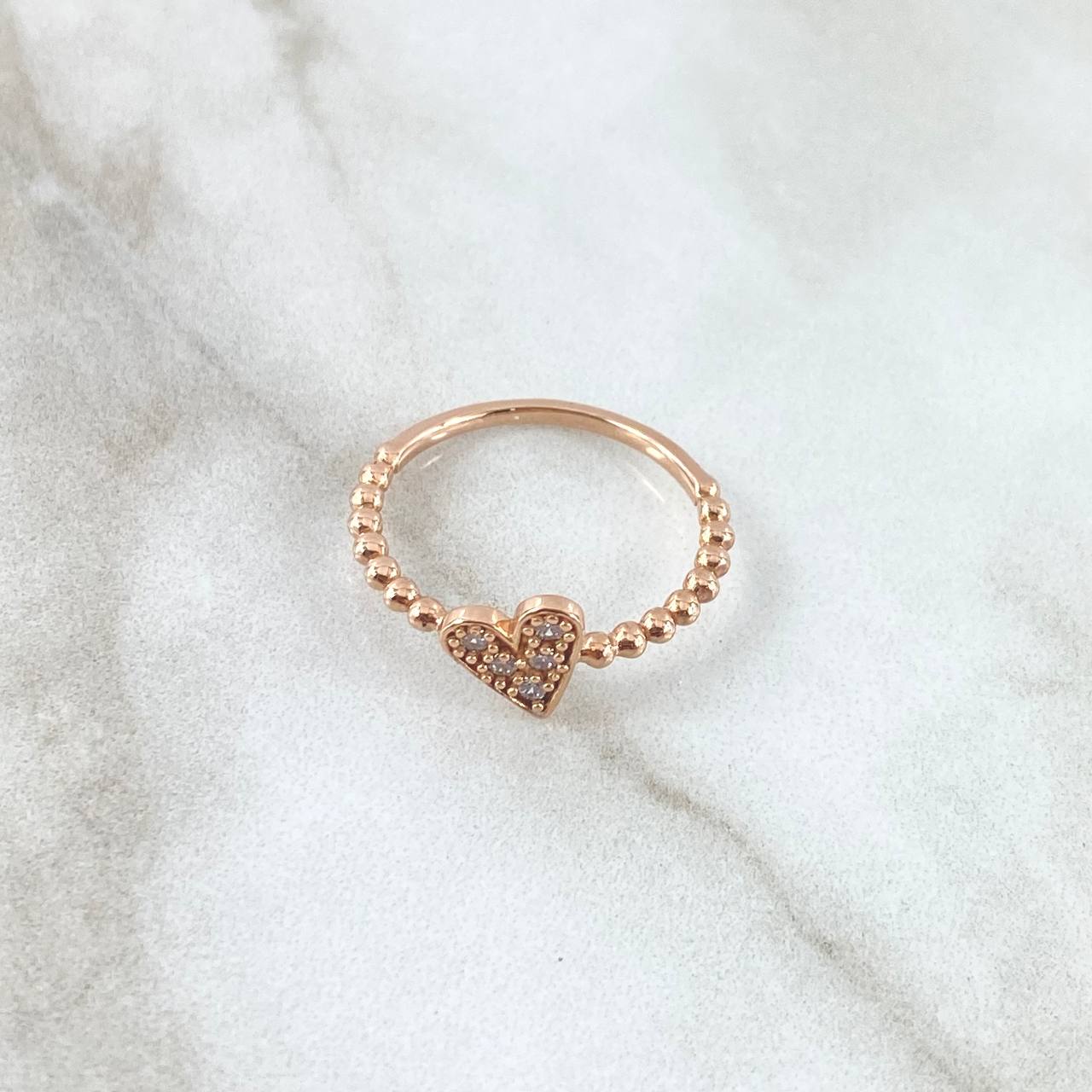 Anillo Esferas Corazón 2.1gr / T7 / Circones Blancos Oro Rosa 18K ©
