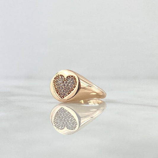 Anillo Sello Corazón Tupido 3.2gr / T5 3/4 / Circones Blancos Oro Rosa 18K