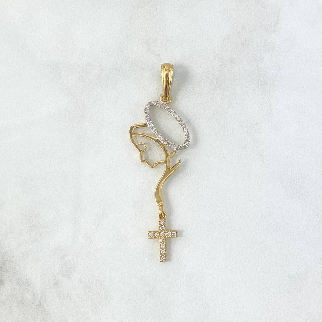 Dije Virgen Maria Cruz 2.5gr / 5.5cm / Silueta Circones Blancos Dos Oros Amarillo Blanco