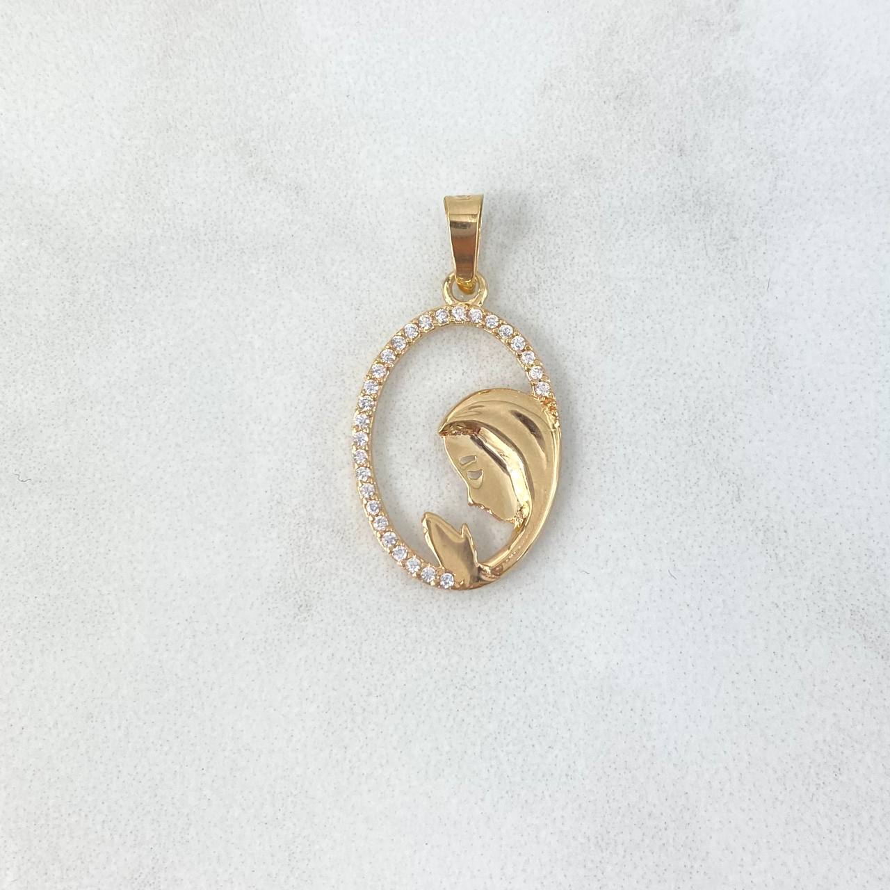 Dije Virgen Maria 1.4gr / 2.8cm / Silueta Ovalo Circones Blancos Oro Amarillo