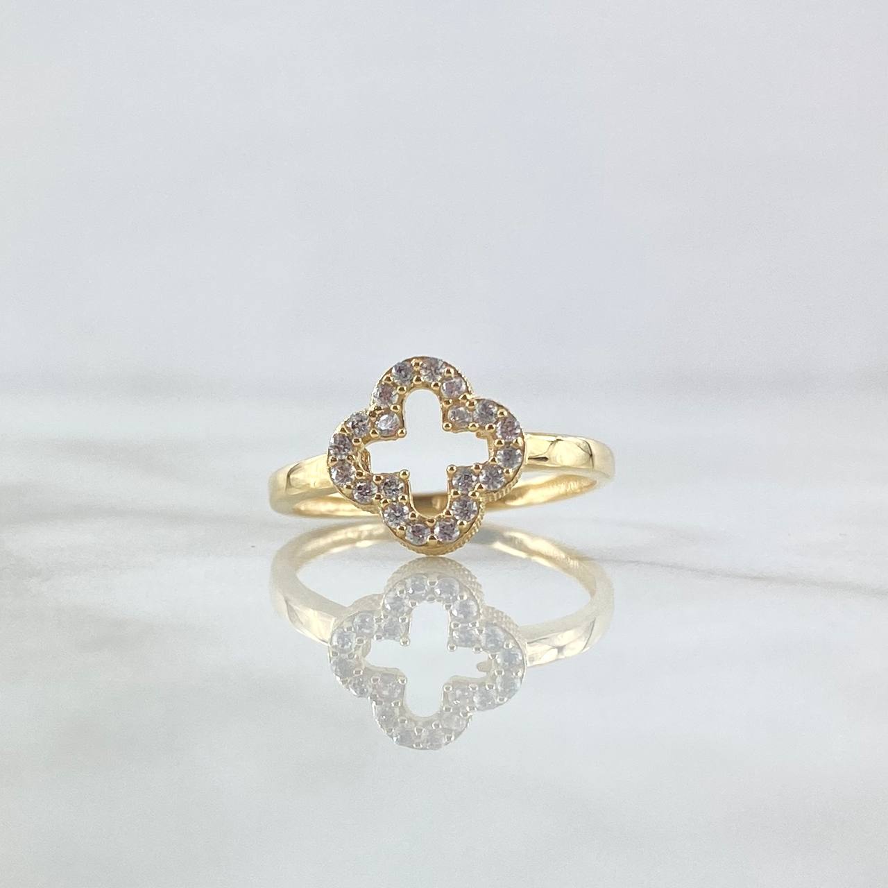 Anillo Silueta Trébol 2.1gr / T8 1/4 / Circones Blancos Oro Amarillo 18K