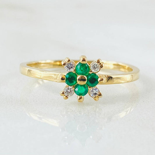 Anillo Flor Cardinal Esmeralda 14pts Diamantes 8pts 2.05gr / T6 3/4 / Oro Amarillo 18K ©