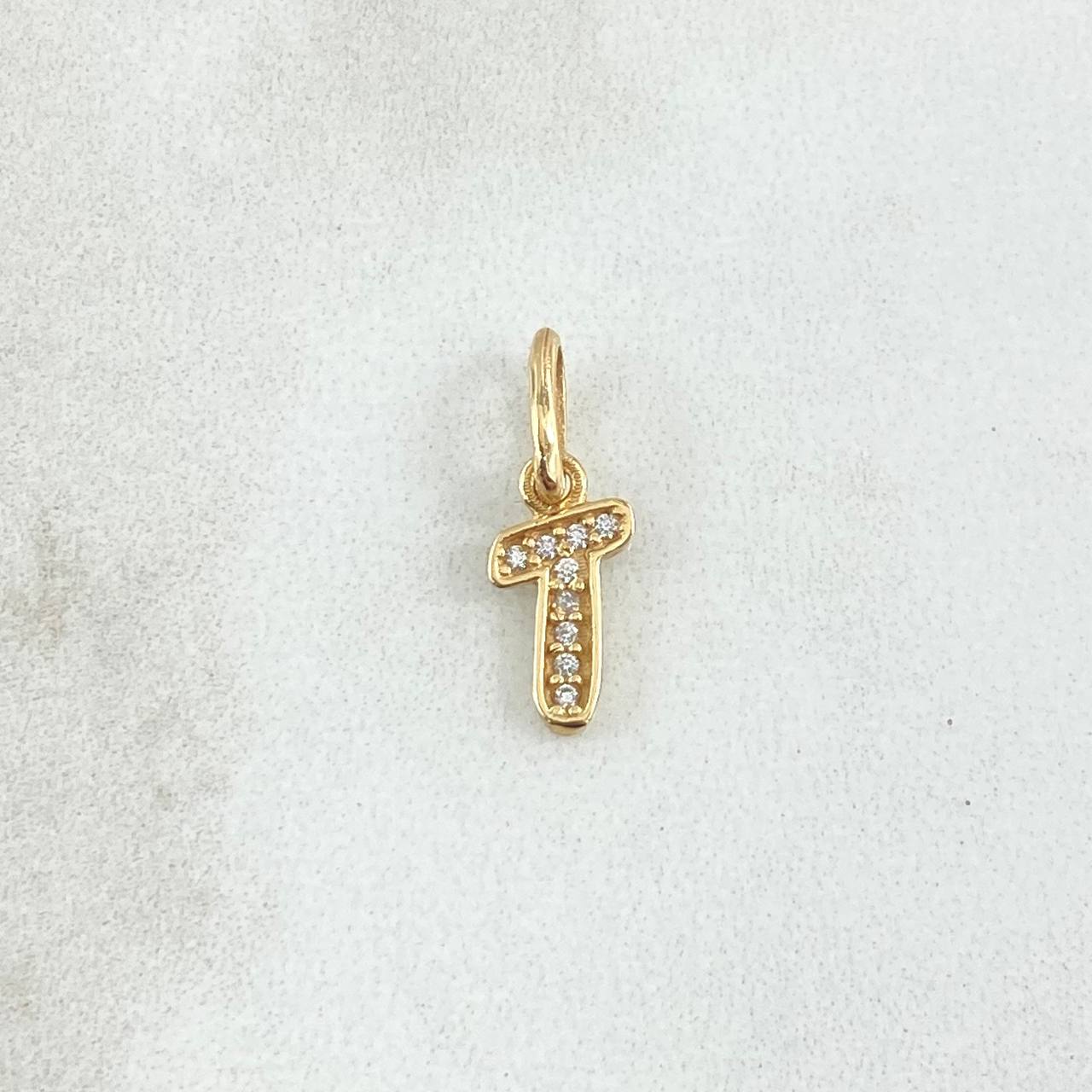 Dije Letra T Silueta 0.55gr / 1.5cm / Circones Blancos Oro Amarillo 18K