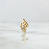 Dije Mano Hamsa 0.7gr / 1.5cm / Circones Blancos Y Azul Oro Amarillo 18K