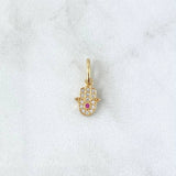 Dije Mano Hamsa 0.65gr / 1.5cm / Circones Blancos Y Fucsia Oro Amarillo 18K