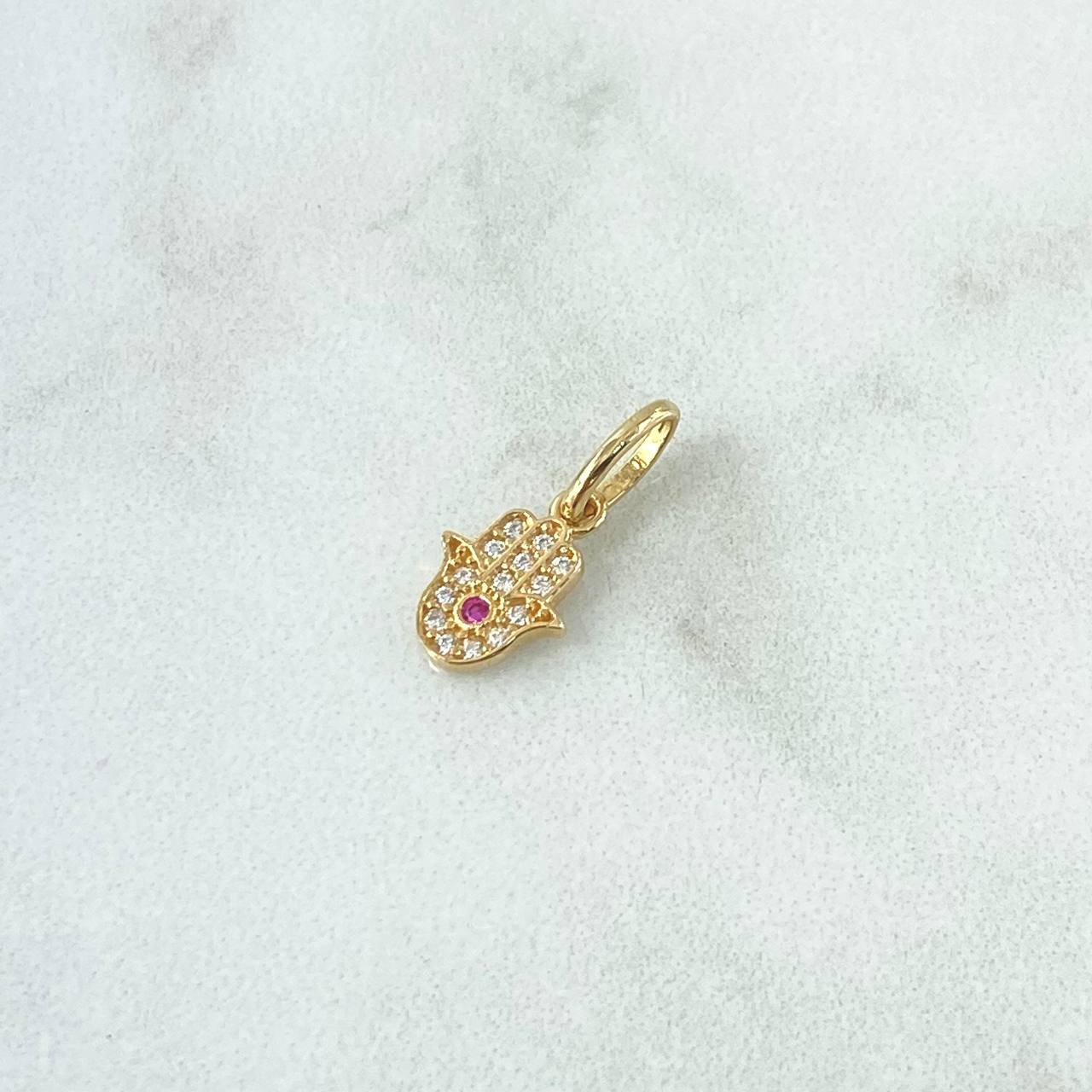 Dije Mano Hamsa 0.65gr / 1.5cm / Circones Blancos Y Fucsia Oro Amarillo 18K
