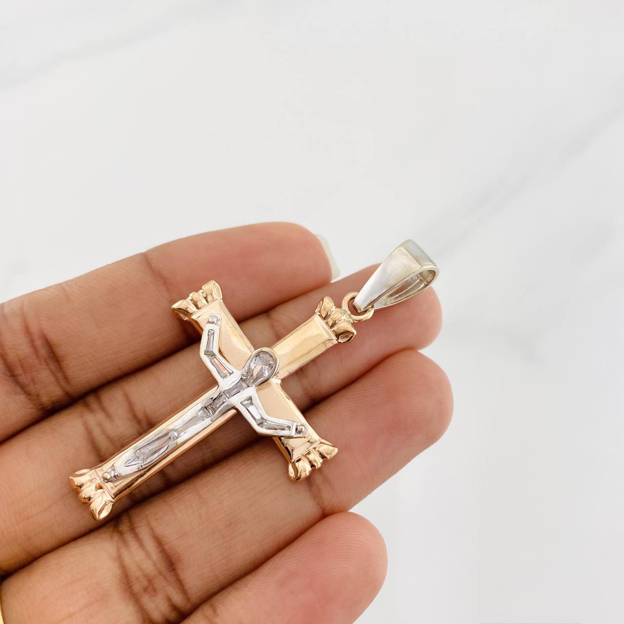 Dije Cruz Cristo 7.35g / 5.5cm Dos Oros Blanco Rosa 18K