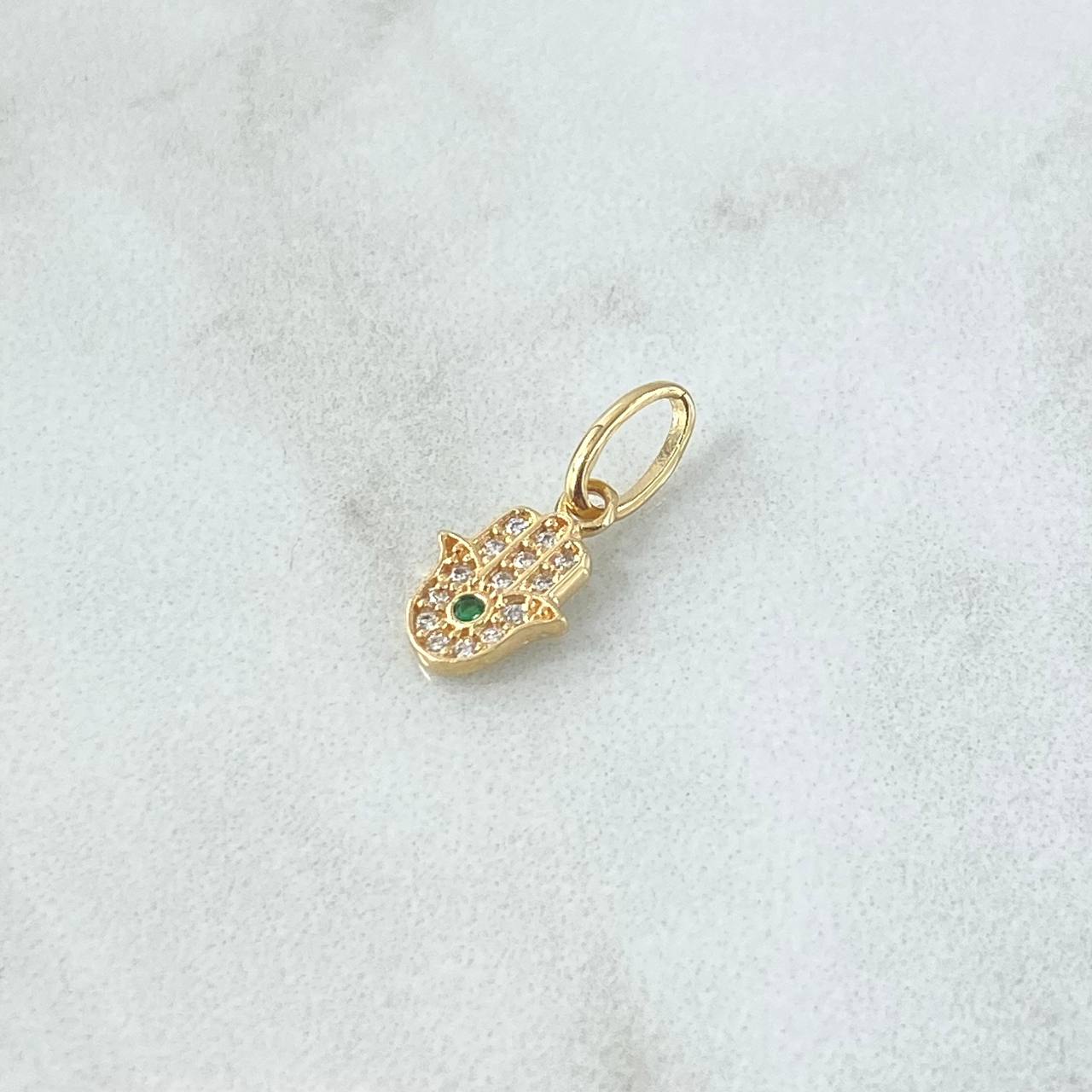 Dije Mano Hamsa 0.6gr / 1.5cm / Circones Blancos Y Verde Oro Amarillo 18K