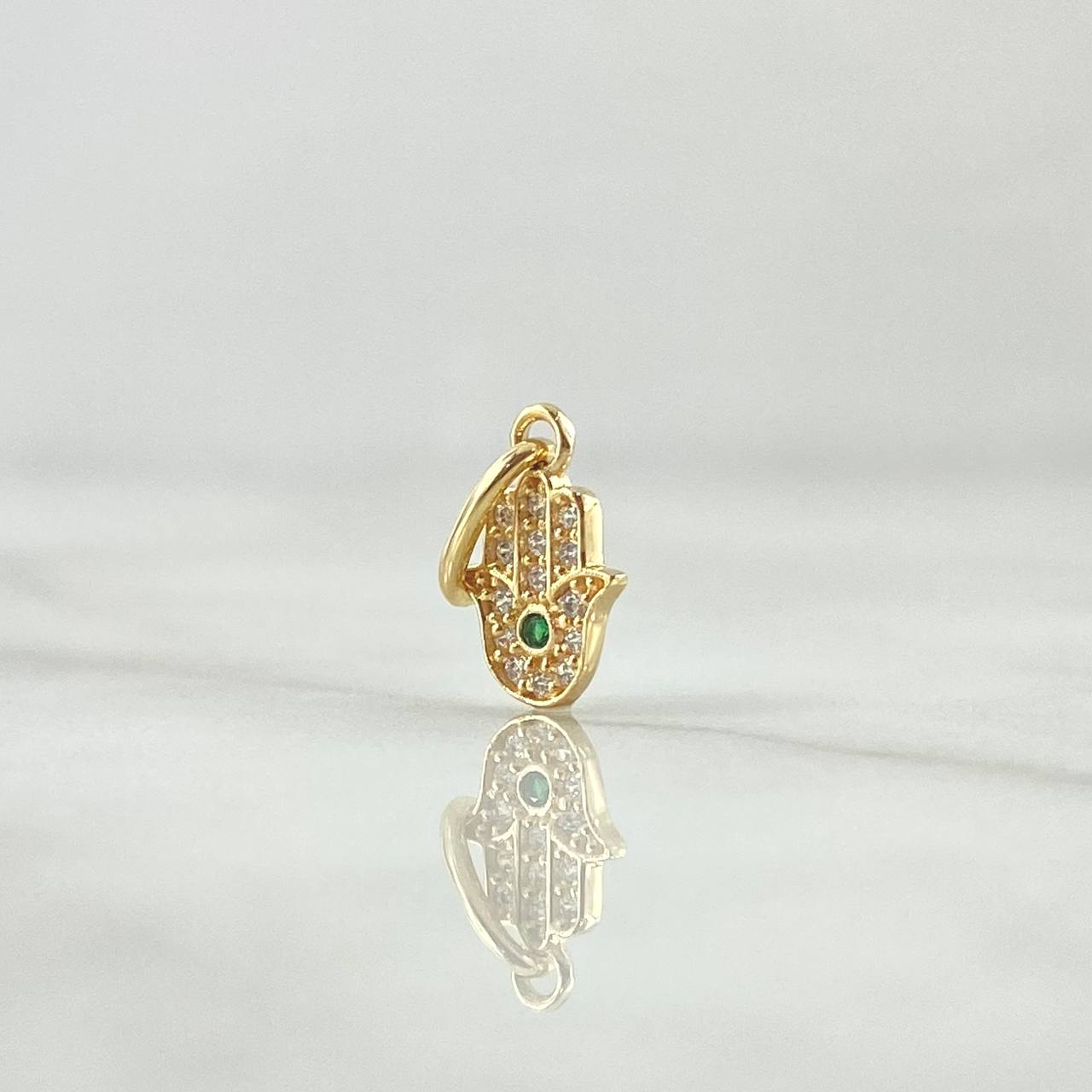 Dije Mano Hamsa 0.6gr / 1.5cm / Circones Blancos Y Verde Oro Amarillo 18K