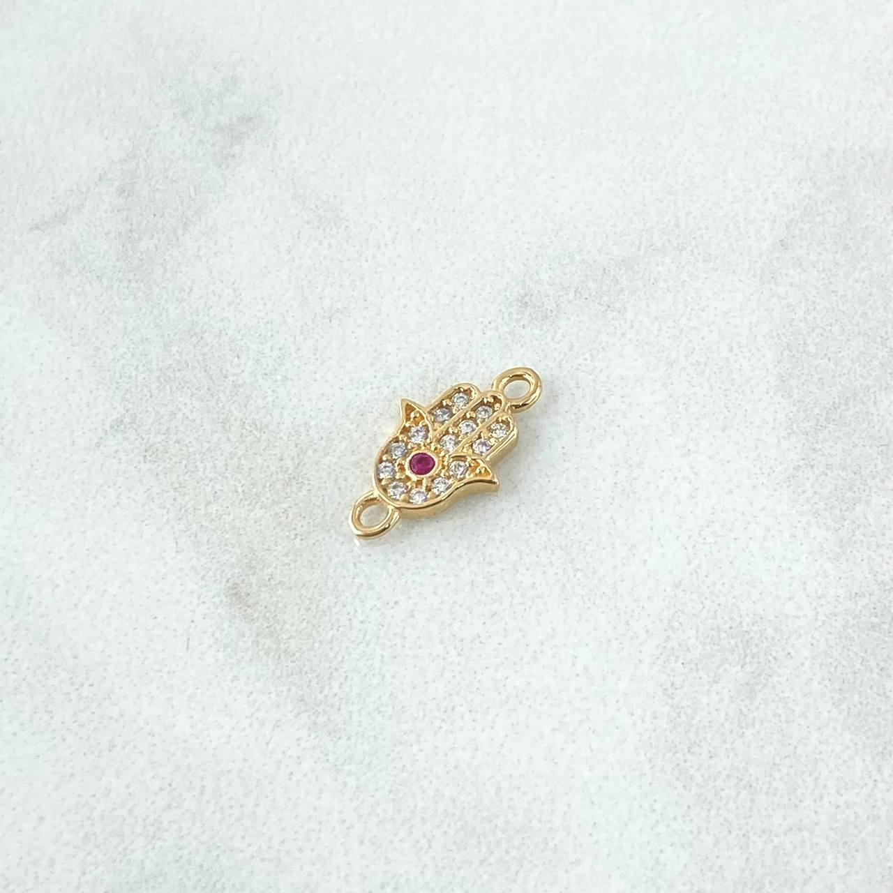 Herraje Mano Hamsa 0.45gr / 1.4cm / Circones Blancos Y Fucsia Oro Amarillo 18K