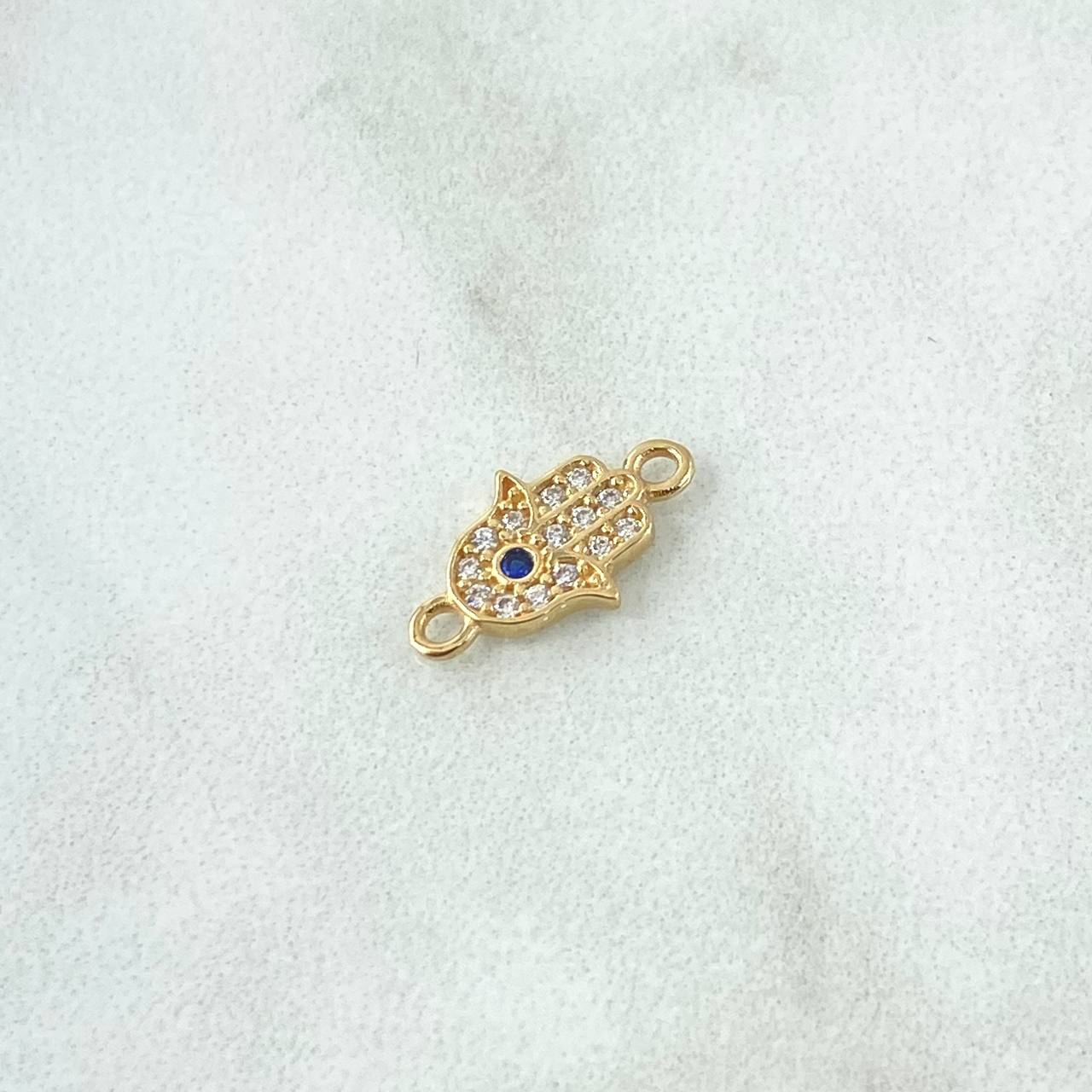 Herraje Mano Hamsa 0.55gr / 1.4cm / Circones Blancos Y Azúl Oro Amarillo 18K *