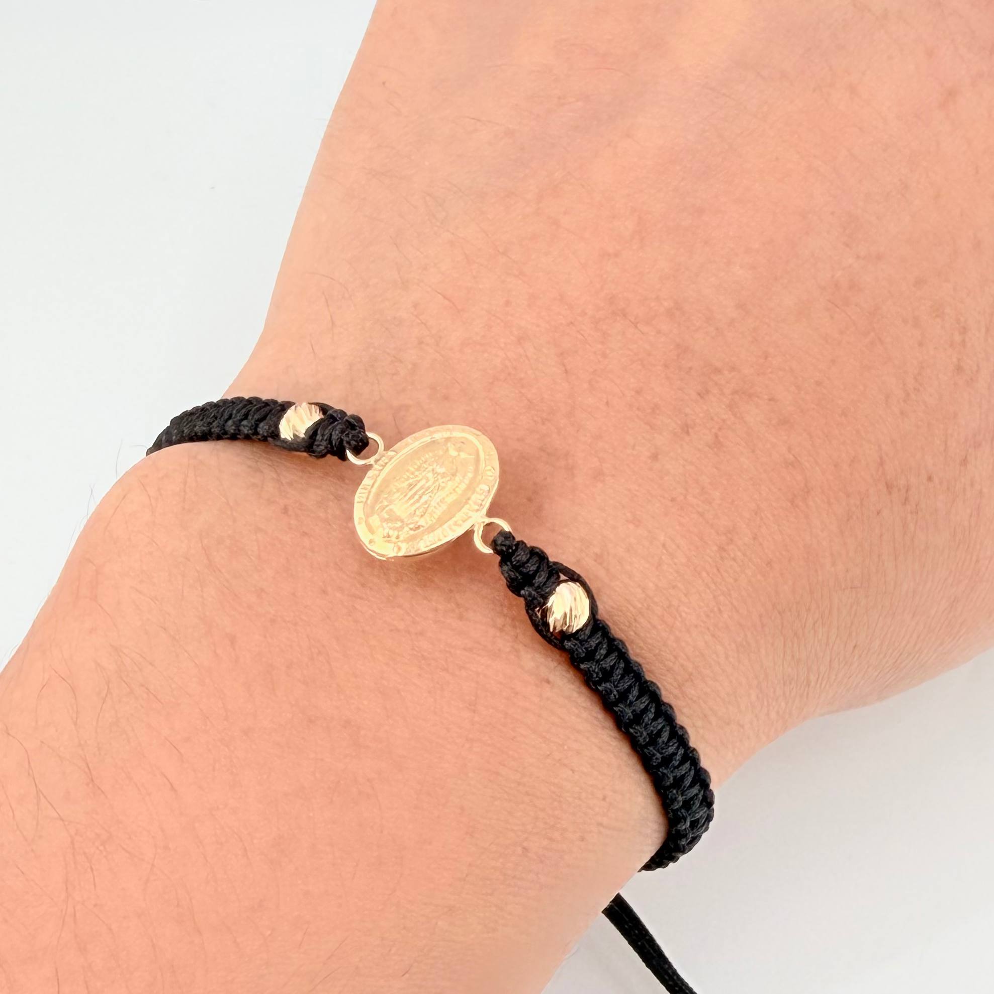 Pulsera Negra Virgen Guadalupe 3mm-4mm 4 Und Bolas Diamantada Oro Amarillo 18K (A.C)