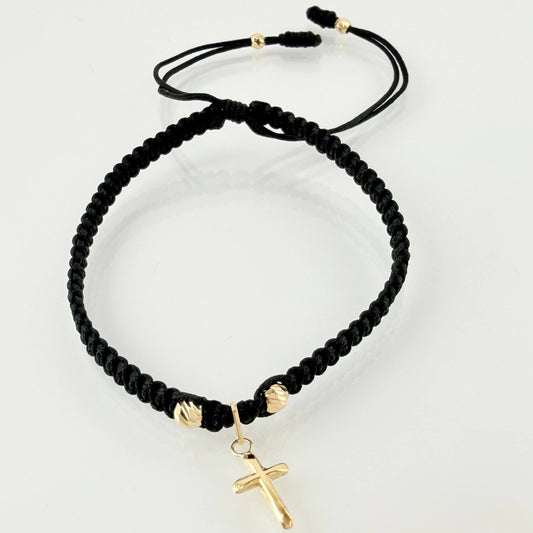 Pulsera Negra Cruz 3mm-4mm 4 Und Bolas Diamantadas Oro Amarillo 18K (A.C)