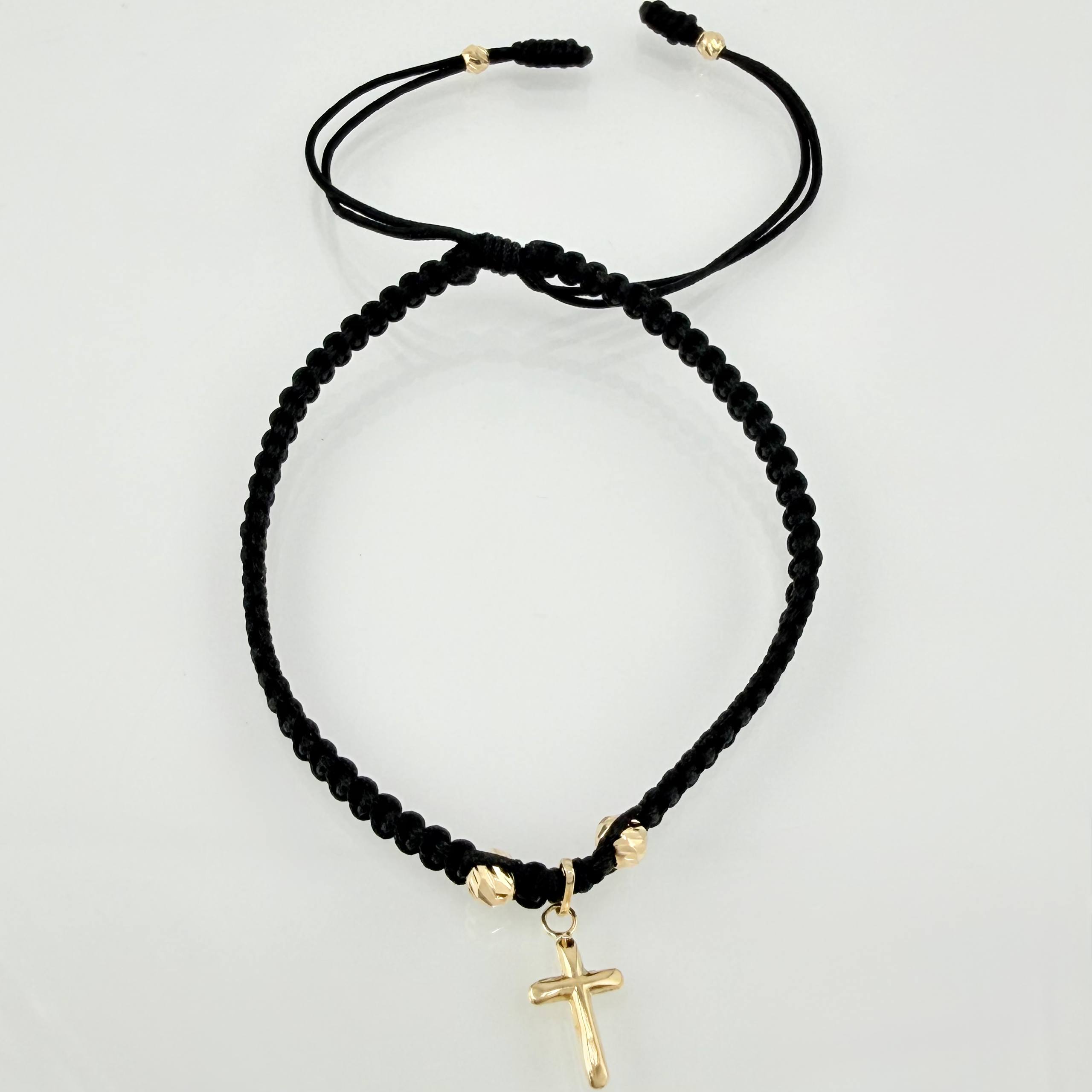 Pulsera Negra Cruz 3mm-4mm 4 Und Bolas Diamantadas Oro Amarillo 18K (A.C)