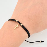 Pulsera Negra Cruz 3mm-4mm 4 Und Bolas Diamantadas Oro Amarillo 18K (A.C)