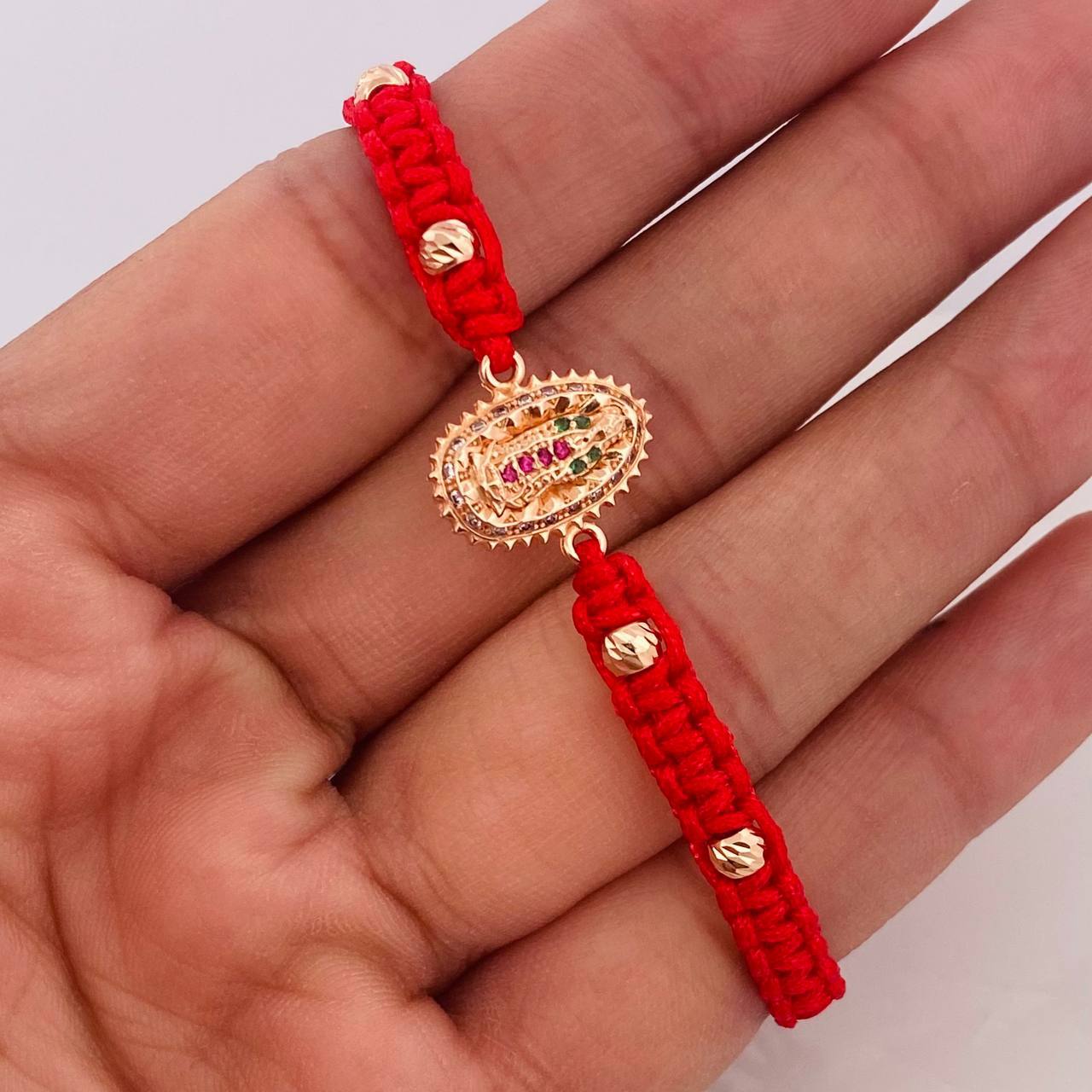 Pulsera Tejida Roja Virgen de Guadalupe Oro Rosa 18K